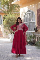 Demanding Embroidery Pearl Work Maroon Color Gown