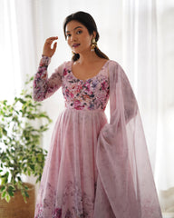 Good Looking Multi Flower Printed Pink Color Anarkali Suit