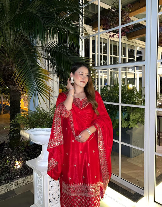 Ravishing Red Chinon Silk Embroidery Sharara Suit