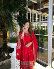 Ravishing Red Chinon Silk Embroidery Sharara Suit