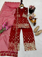 Red Color Sequence Work Palazzo Suit