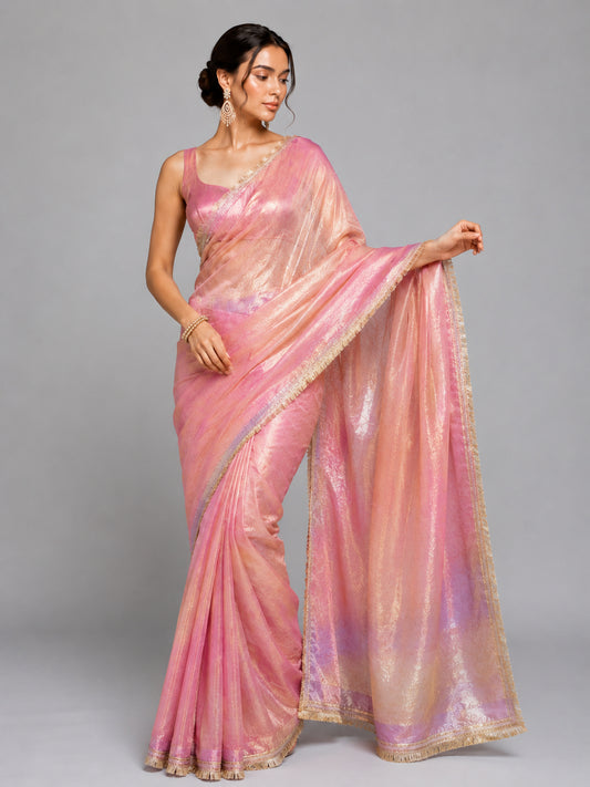 Peach Soft Tissue Silk with Fancy Lace Border Saree