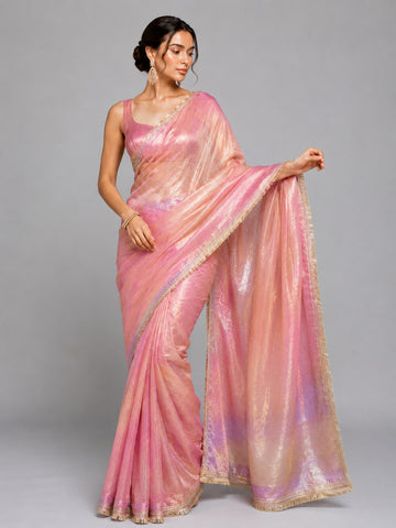 Peach Soft Tissue Silk with Fancy Lace Border Saree