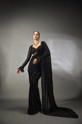 Awesome Black Color Heavy Embroidery Saree