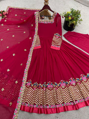 Captivating Red Georgette Embroidery Work Gown