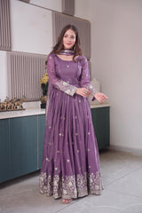Alluring Purple Heavy Diamond Silk Embroidery Work Gown