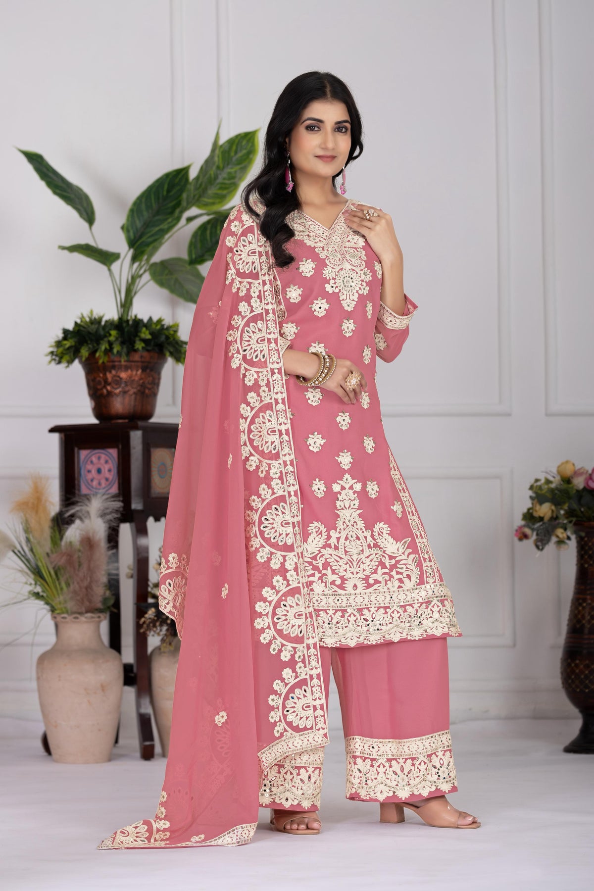Elegant Embroidered Onion Color Palazzo Suit Set