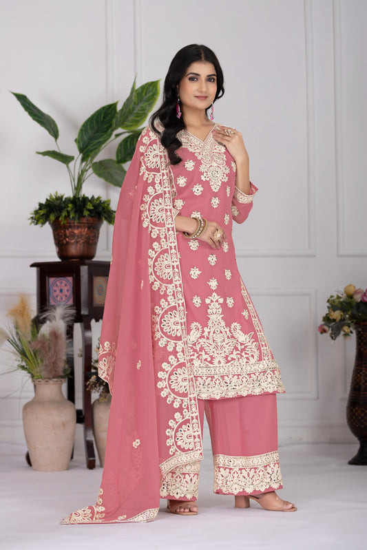 Elegant Embroidered Onion Color Palazzo Suit Set