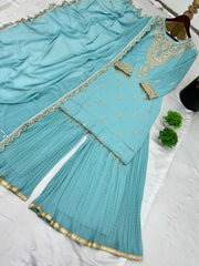 Imposing Heavy Embroidery Sequence Work Rama Color Sharara Suit