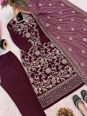 Fox Georgette Embroidered Wine Color Salwar Suit