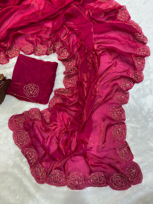 Wedding & Party Wear Beautiful Katdana Handwork Pink Color saree
