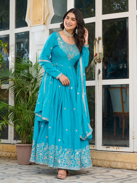 Flattering  Sequence Work Sky Blue Color Gown