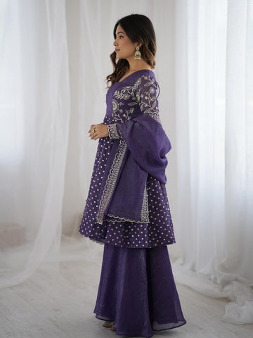 Stylish Purple Crunchy Silk Sequence Work Sharara Suit