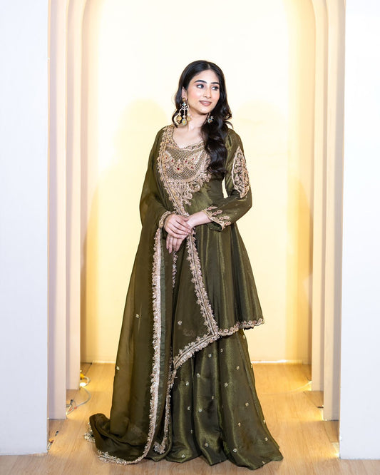 Heavy Work Mehndi Color Glimmering Sharara Suit