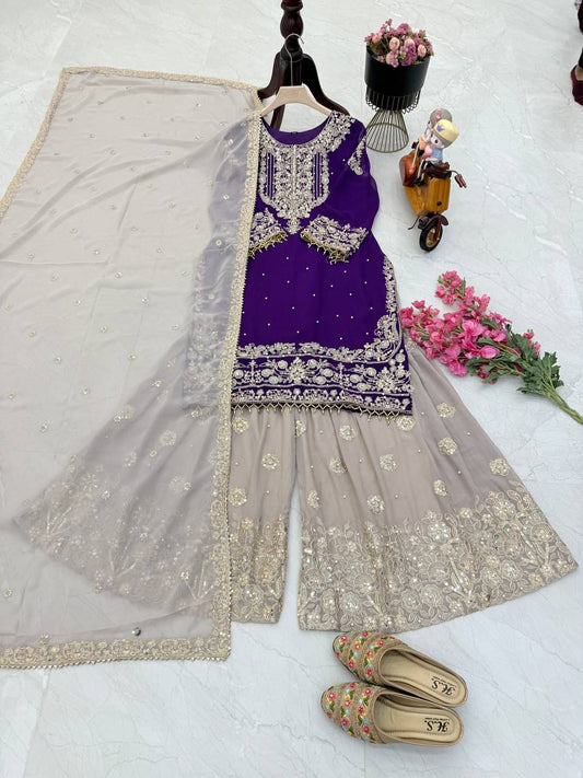 Decent Georgette Purple Color Sharara Suit