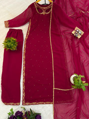 Designer Maroon Georgette Embroidery Work Palazzo Suit