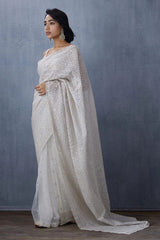 Organza Silk All Over Embroidery Work White Color Saree