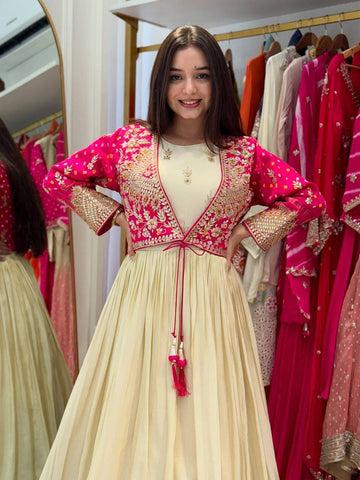 Trendy Pink Silk Embroidery Work Gown