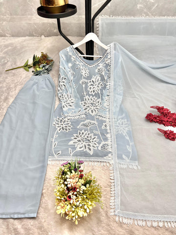 Ravishing Sky Blue Georgette Embroidery Palazzo Suit