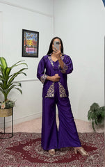 Wedding & Party Wear Purple Color Embroidery Work Palazzo Suit With Koti