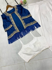 Good Looking White Skirt With Work Blue Koti