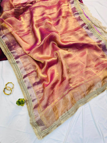 Peach Soft Tissue Silk with Fancy Lace Border Saree
