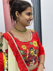 Lovely Kalamkari Print Real Handwork Red Color lehenga choli