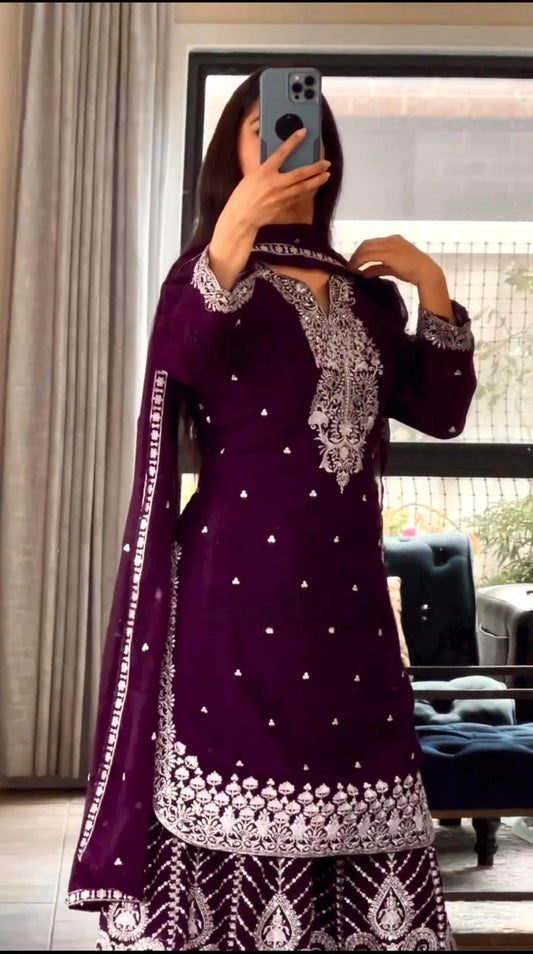 Good Looking Chinnon Silk Wine Color Sharara Suit