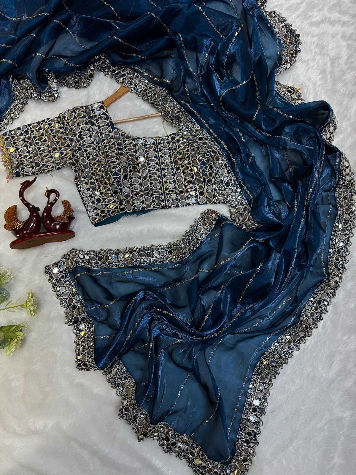Wonderful Original Mirror Work Navy Blue Color Saree