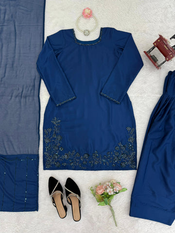 Patiala Style Navy Blue Color Beads Work Salwar Suit