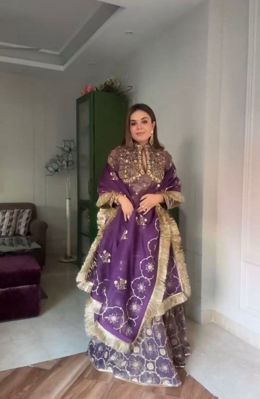 Attractive  Gold Net Embroidery Work Onion Color Sharara Suit