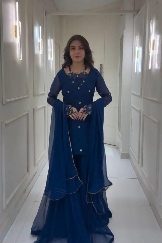 Round Neck Blue Color Stylish Palazzo Suit