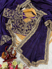 Innovative Purple Color Embroidery Work Silk Saree