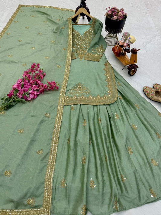 Gorgeous Pink Chinon Silk Sequence Work Top With Lehenga
