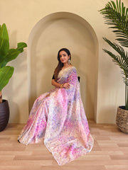 Classic Light Pink Color Digital Print Organza Saree