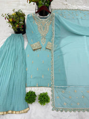 Imposing Heavy Embroidery Sequence Work Rama Color Sharara Suit