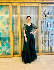 Wonderful Embroidery Work Mehndi Color Gown With Koti