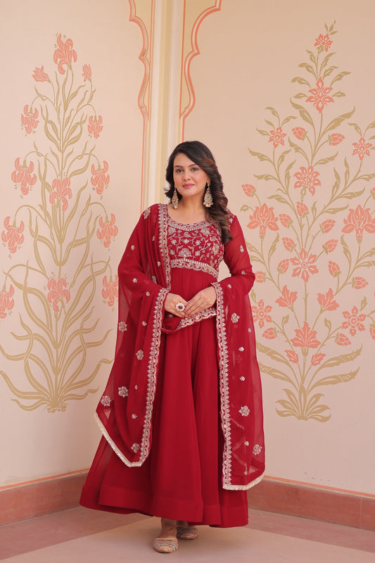 Exclusive Red Bead With Embroidery Work Gown
