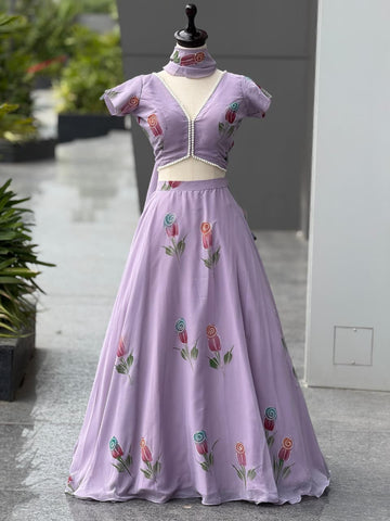 Lovely Lavender Georgette Hand Painted Lehenga