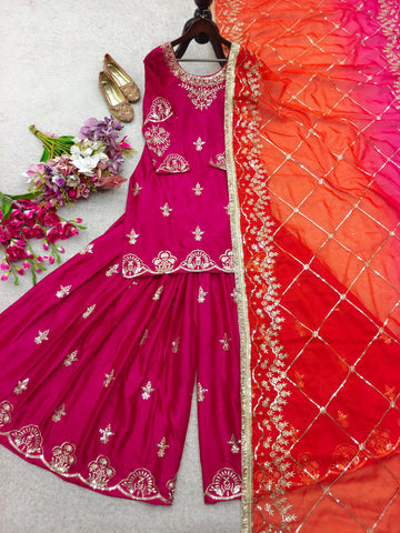 Ravishing Pink Cinon Silk Sequence Work Sharara Suit