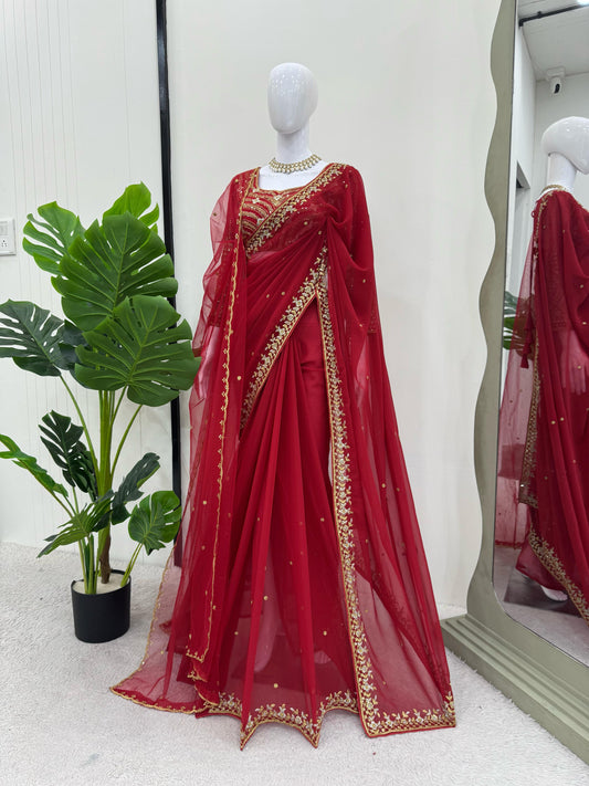 Stylish Work Red Color Drape Double Pallu Saree