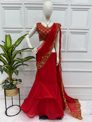 Outstanding Faux Georgette Red Color Lehenga Saree