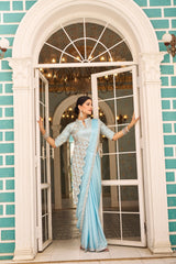 Glossy Embroidery Work Sky Blue Color Ready To Wear Saree