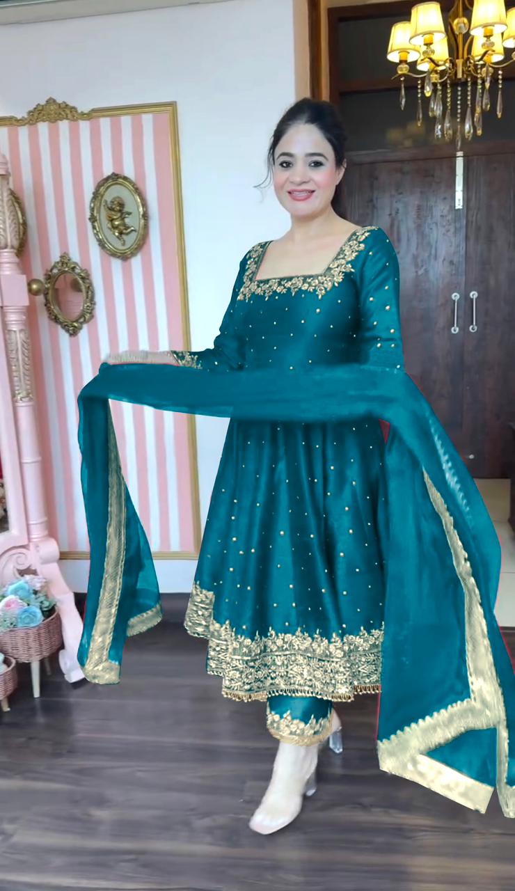 Elegant  Vichitra Silk Rama Color Anarkali Suit