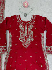Heavy Work Red Color Roman Silk Salwar Suit