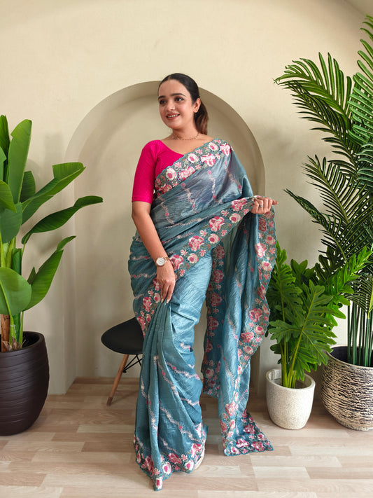 Beautiful Crush Silk Teal Blue Color Saree