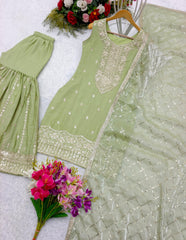 Elegant Sequence Work Green Color Palazzo With Dupatta Set