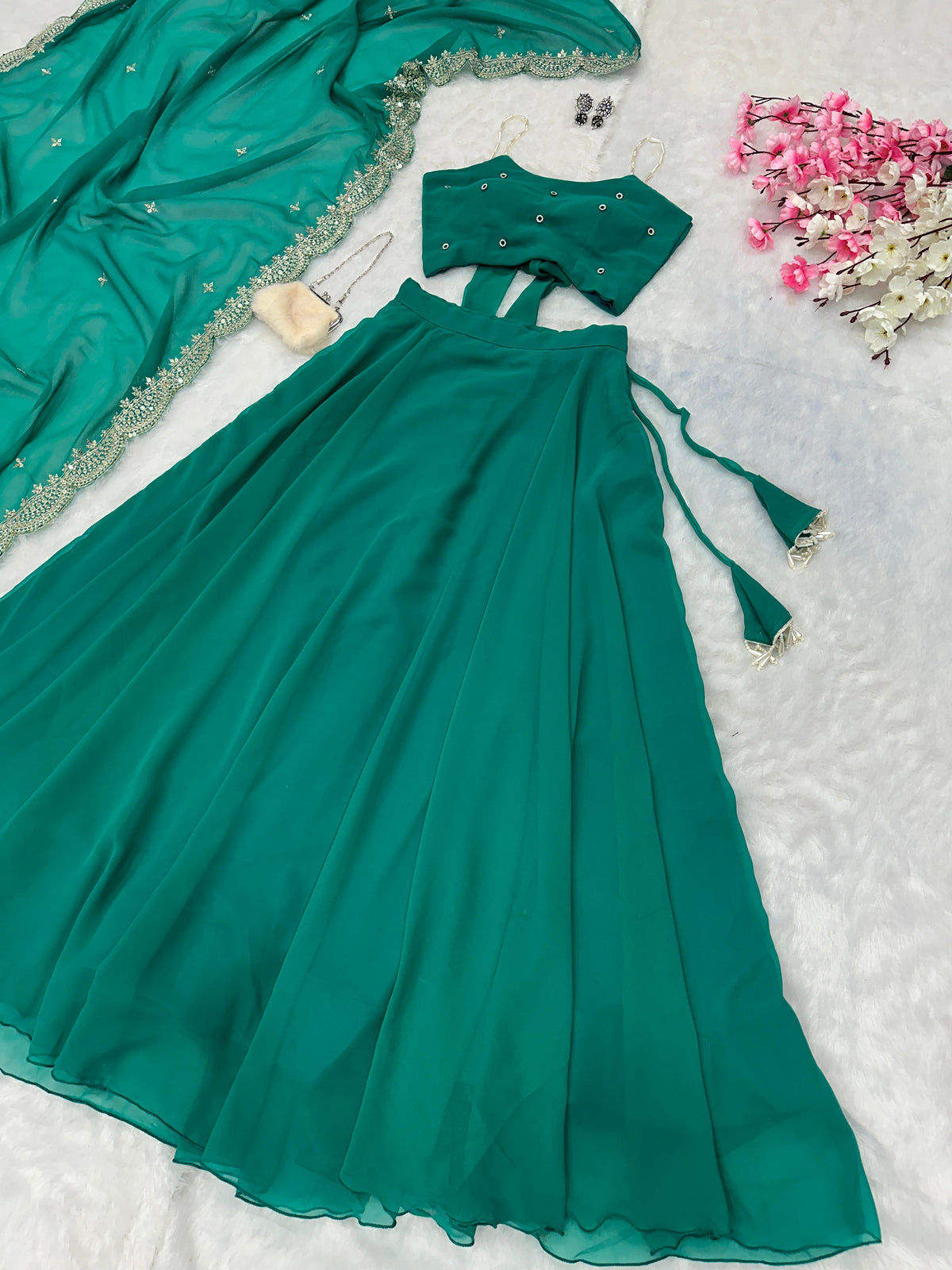 Green Color Pearl Embellished Lehenga Set