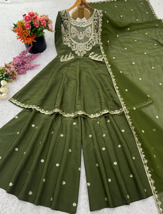 Heavy Work Mehndi Color Glimmering Sharara Suit