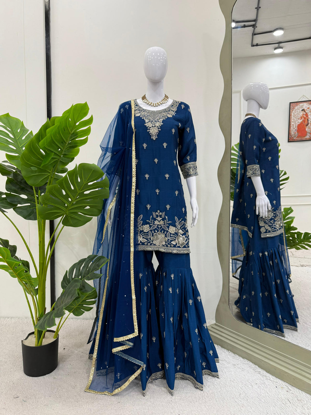 Delightful Navy Blue Color Sequence Work Sharara Suit